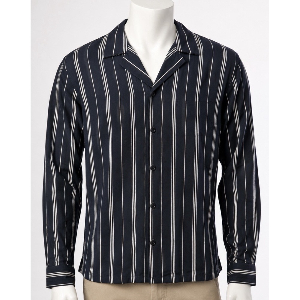 RIVER ISLAND Men's Silk Long Sleeve V Neck XL Shirt Navy Blue Stripes Luxury